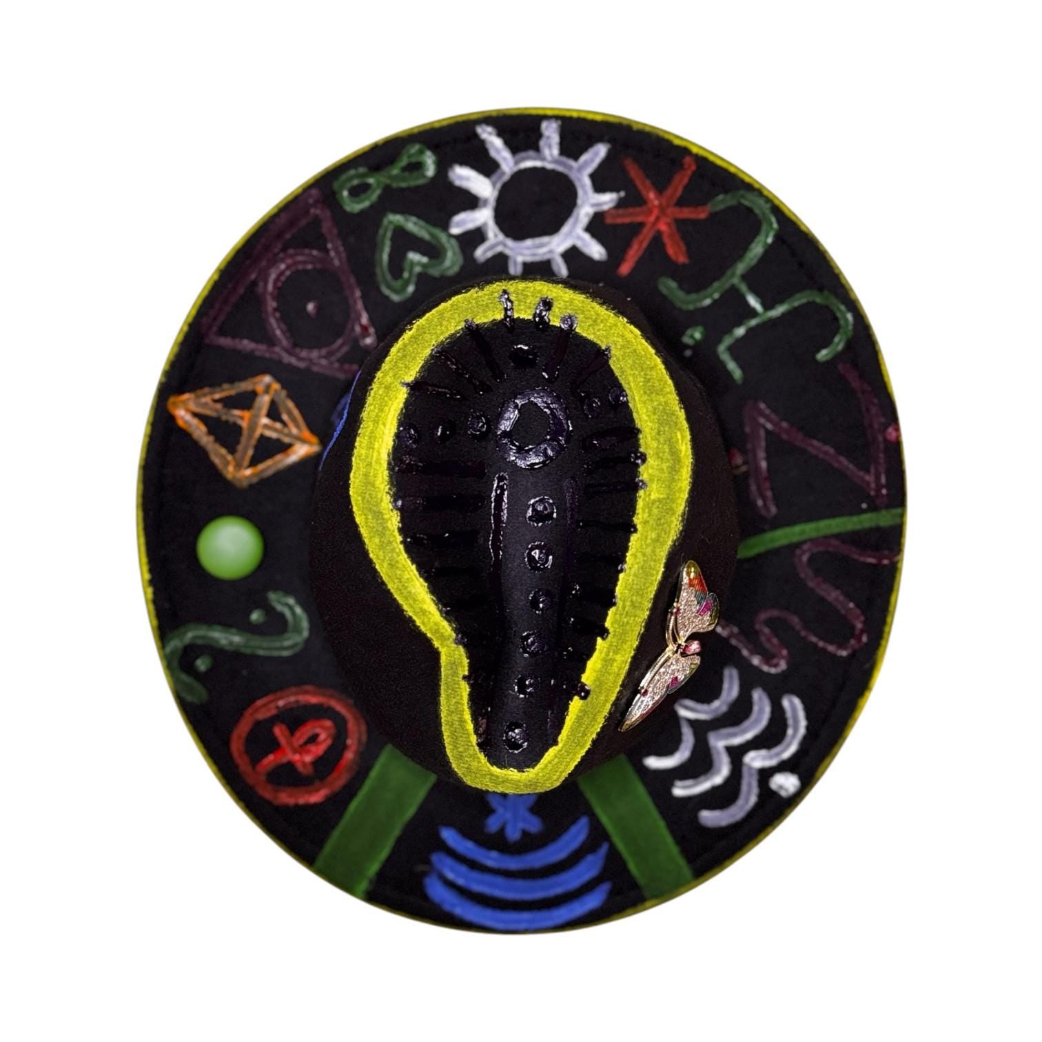Hand-Painted Black Fedora: Symbolic Butterfly, Glow Detail - Psy Wear