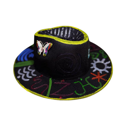 Hand-Painted Black Fedora: Symbolic Butterfly, Glow Detail - Psy Wear