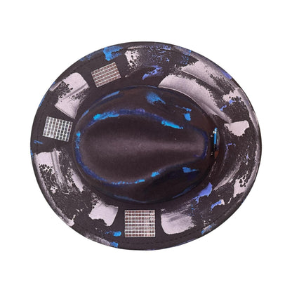 Blacklight Fedora Hat: UV Blue Splashes, Face Pin, Burning Man Wear