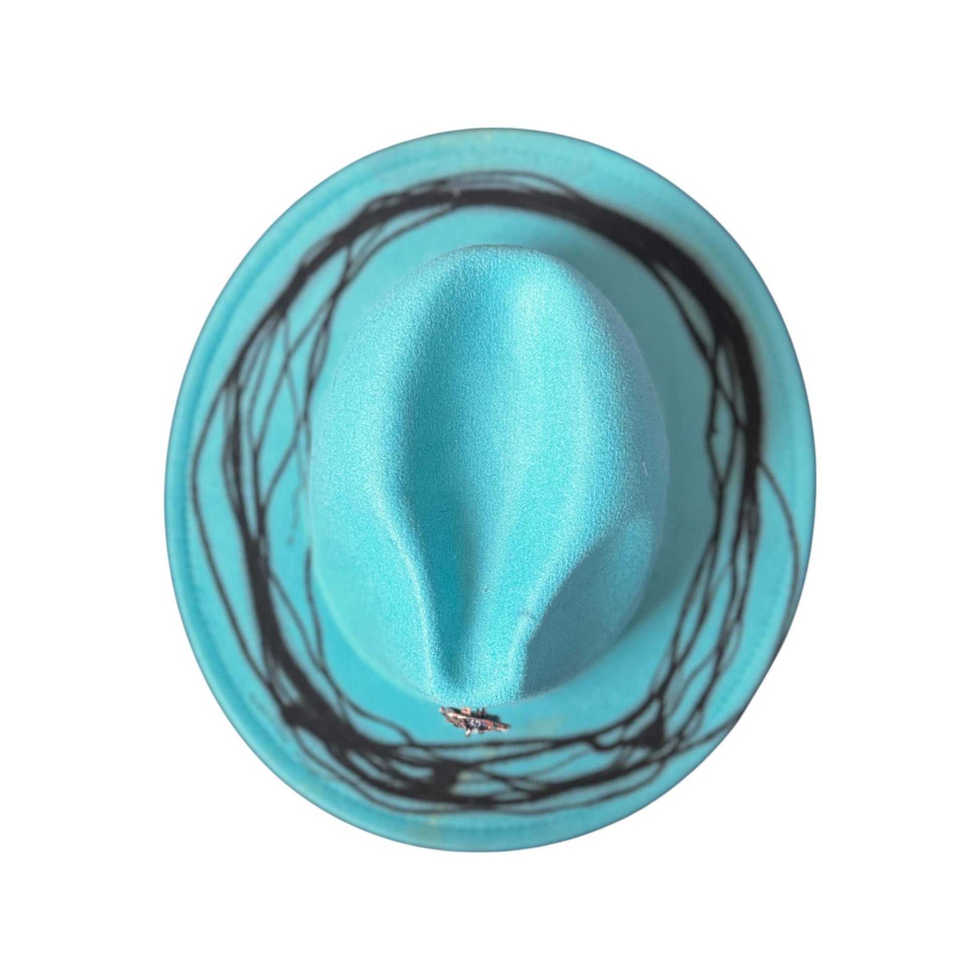 Hand-Painted Turquoise Fedora: Jeweled Owl Brooch, Rave Festival Hat