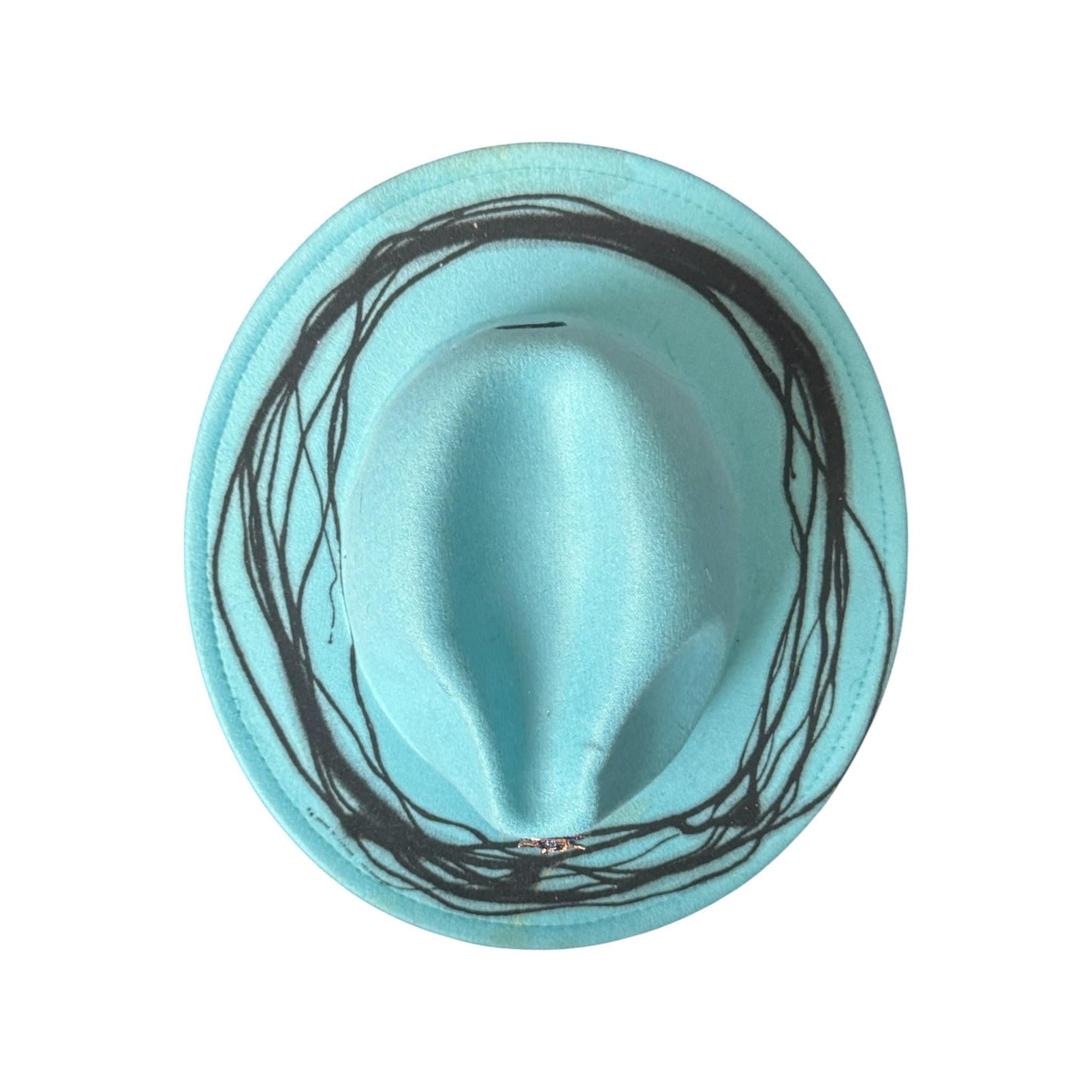 Hand-Painted Turquoise Fedora: Jeweled Owl Brooch, Rave Festival Hat