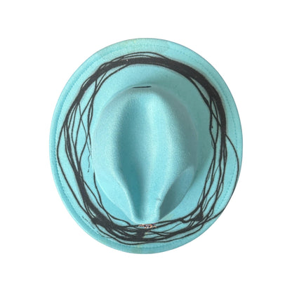 Hand-Painted Turquoise Fedora: Jeweled Owl Brooch, Rave Festival Hat