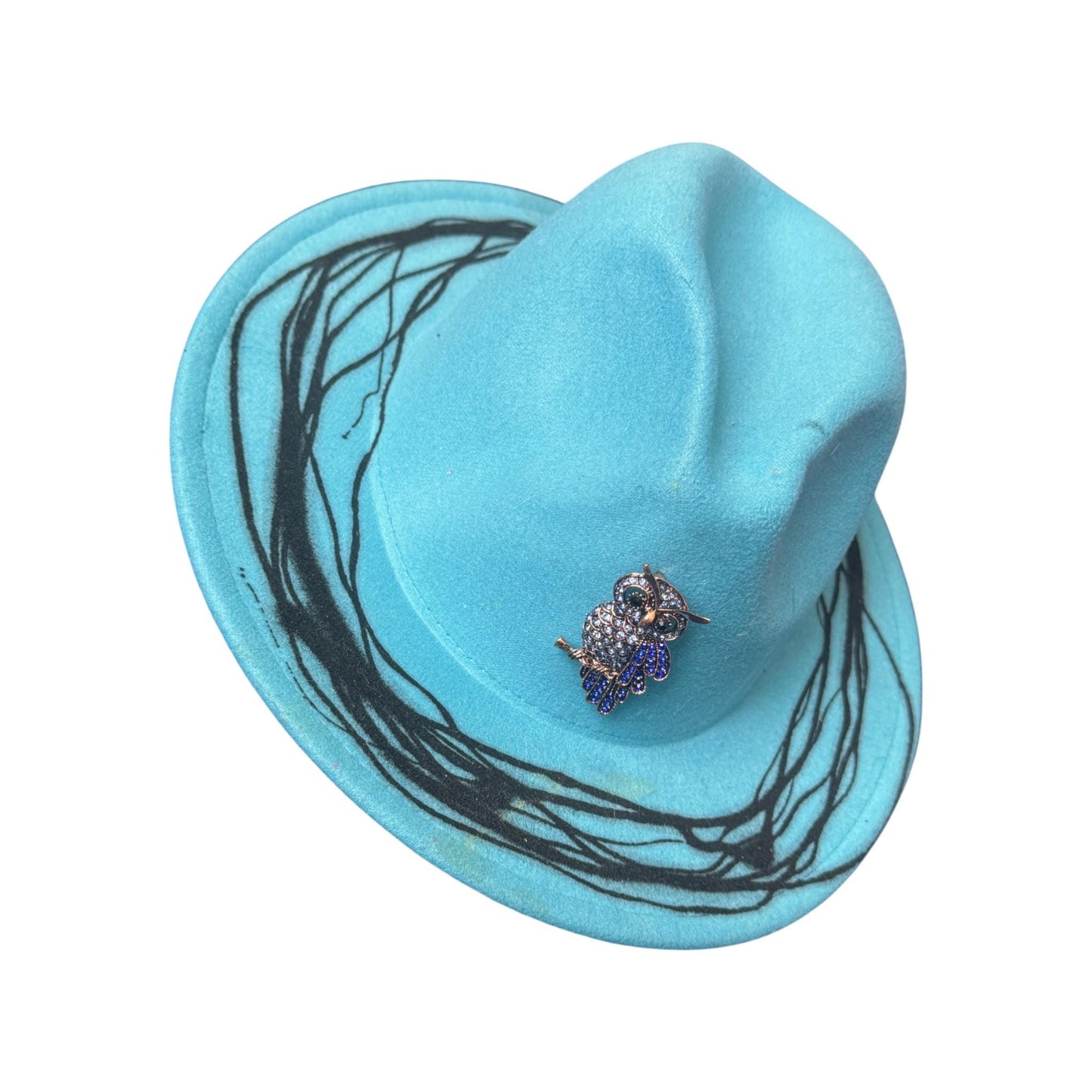 Hand-Painted Turquoise Fedora: Jeweled Owl Brooch, Rave Festival Hat