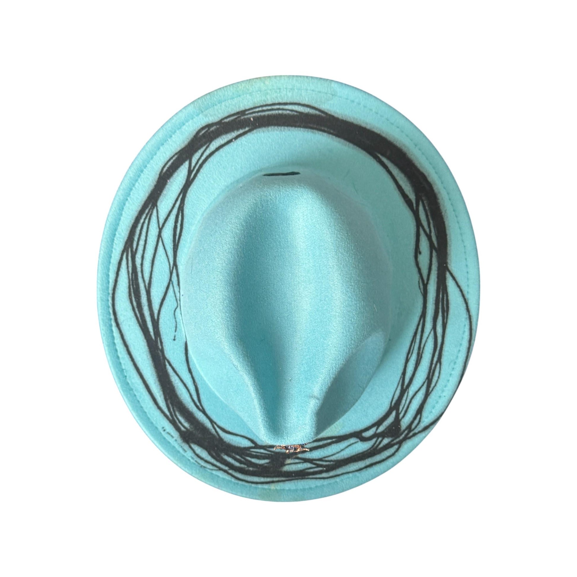 Hand-Painted Turquoise Fedora: Jeweled Owl Brooch, Rave Festival Hat