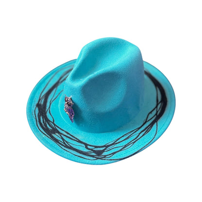 Hand-Painted Turquoise Fedora: Jeweled Owl Brooch, Rave Festival Hat