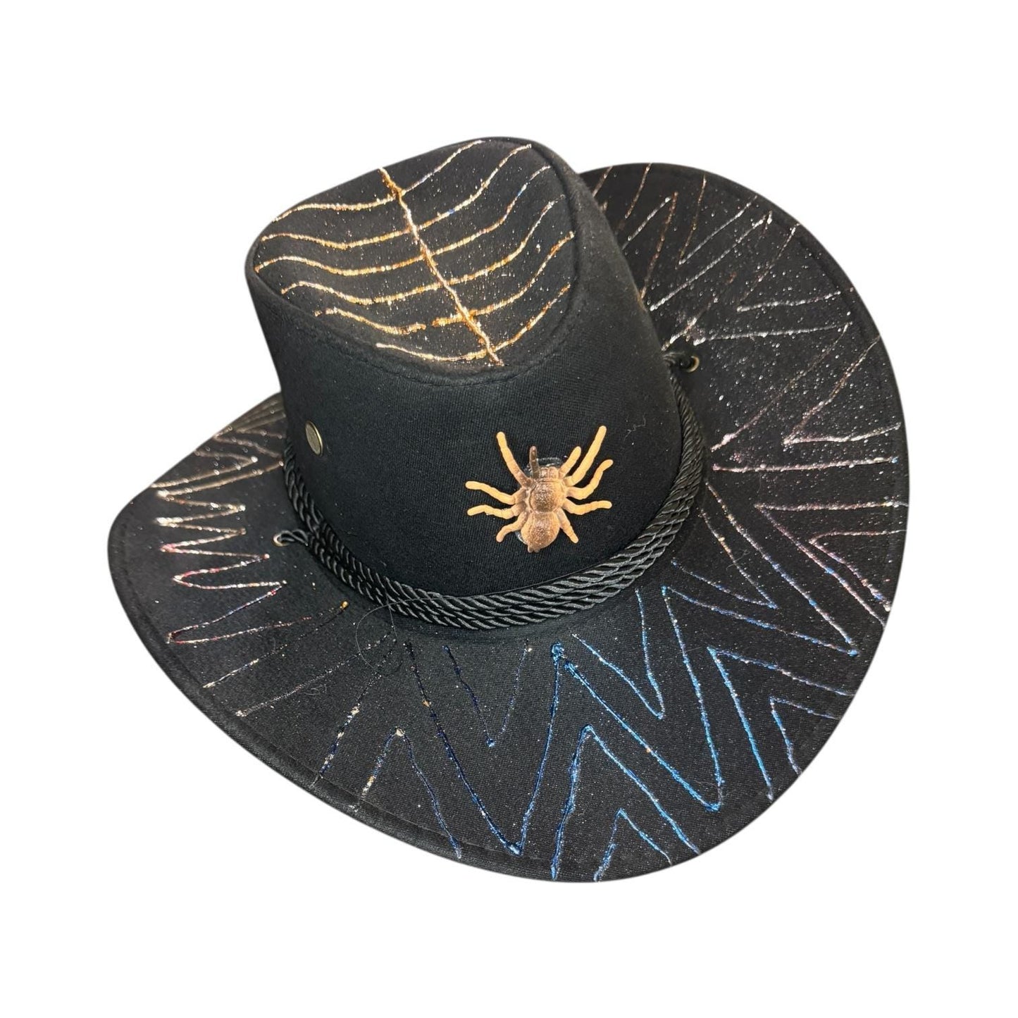 Hand-Painted Black Cowboy Hat: Glitter Spider Emblem, Festival Headwear