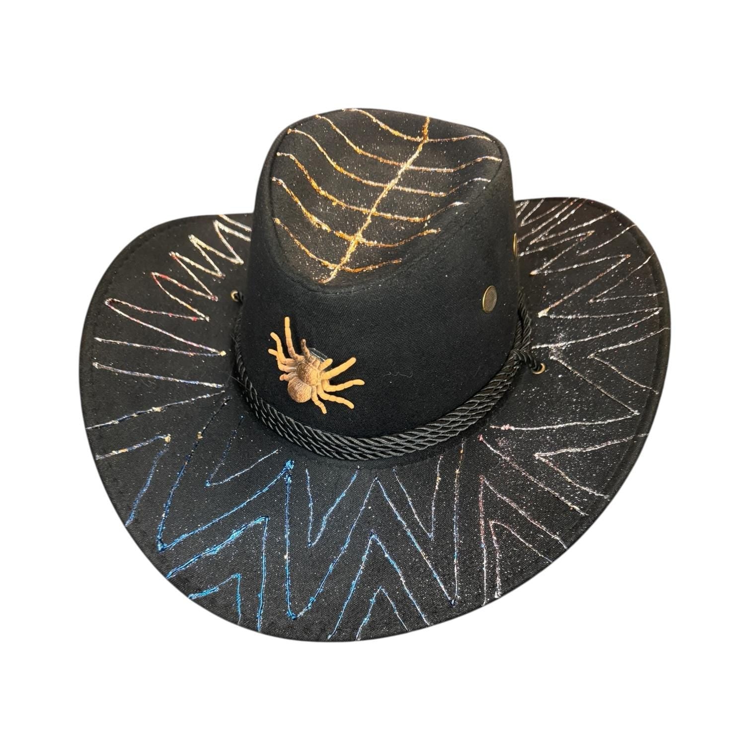 Hand-Painted Black Cowboy Hat: Glitter Spider Emblem, Festival Headwear