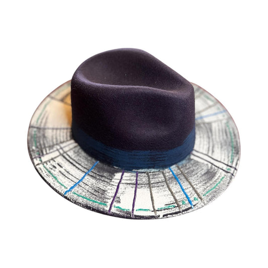 Hand-Painted Fedora Hat: Abstract Geometric Design, Dark Blue Wool
