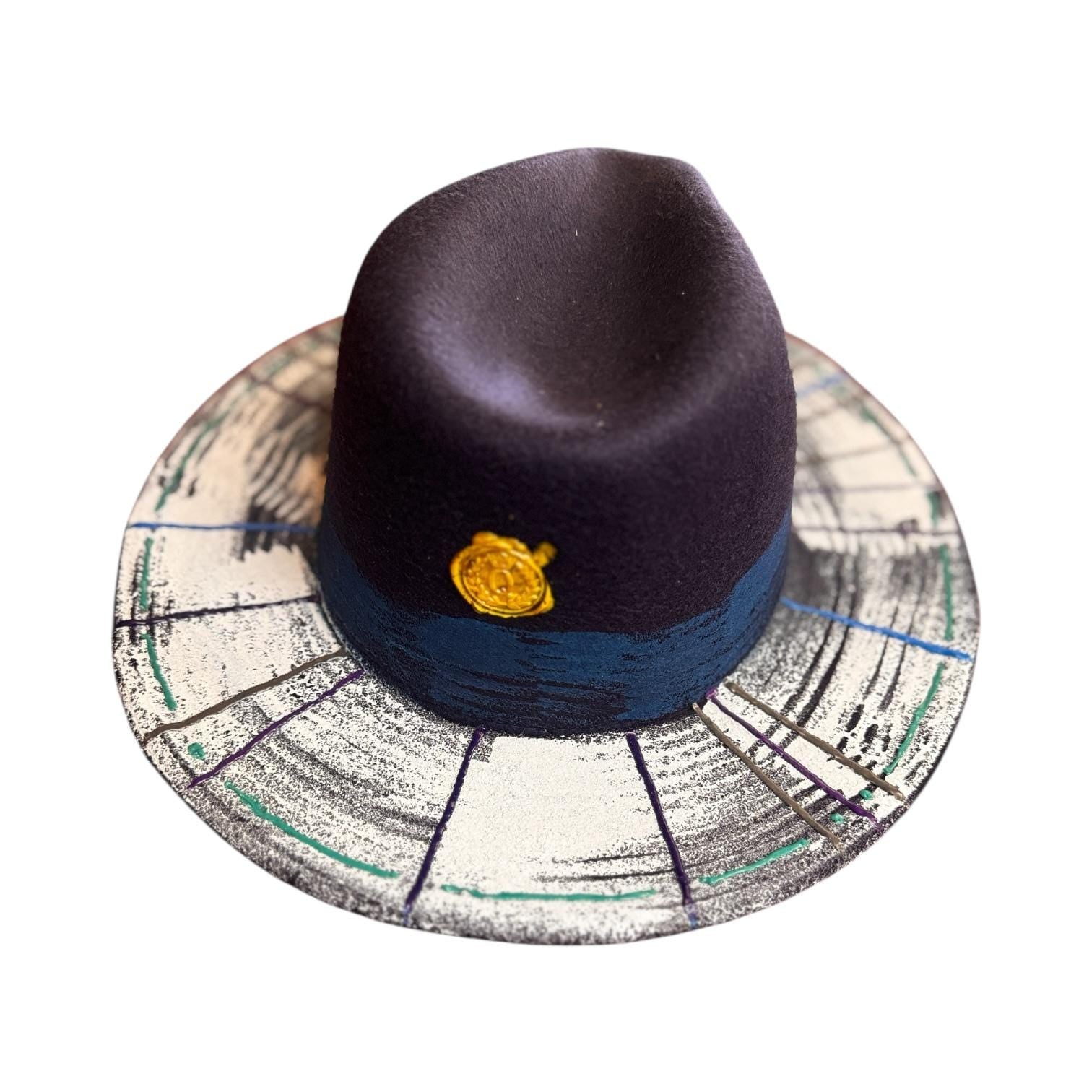 Hand-Painted Fedora Hat: Abstract Geometric Design, Dark Blue Wool
