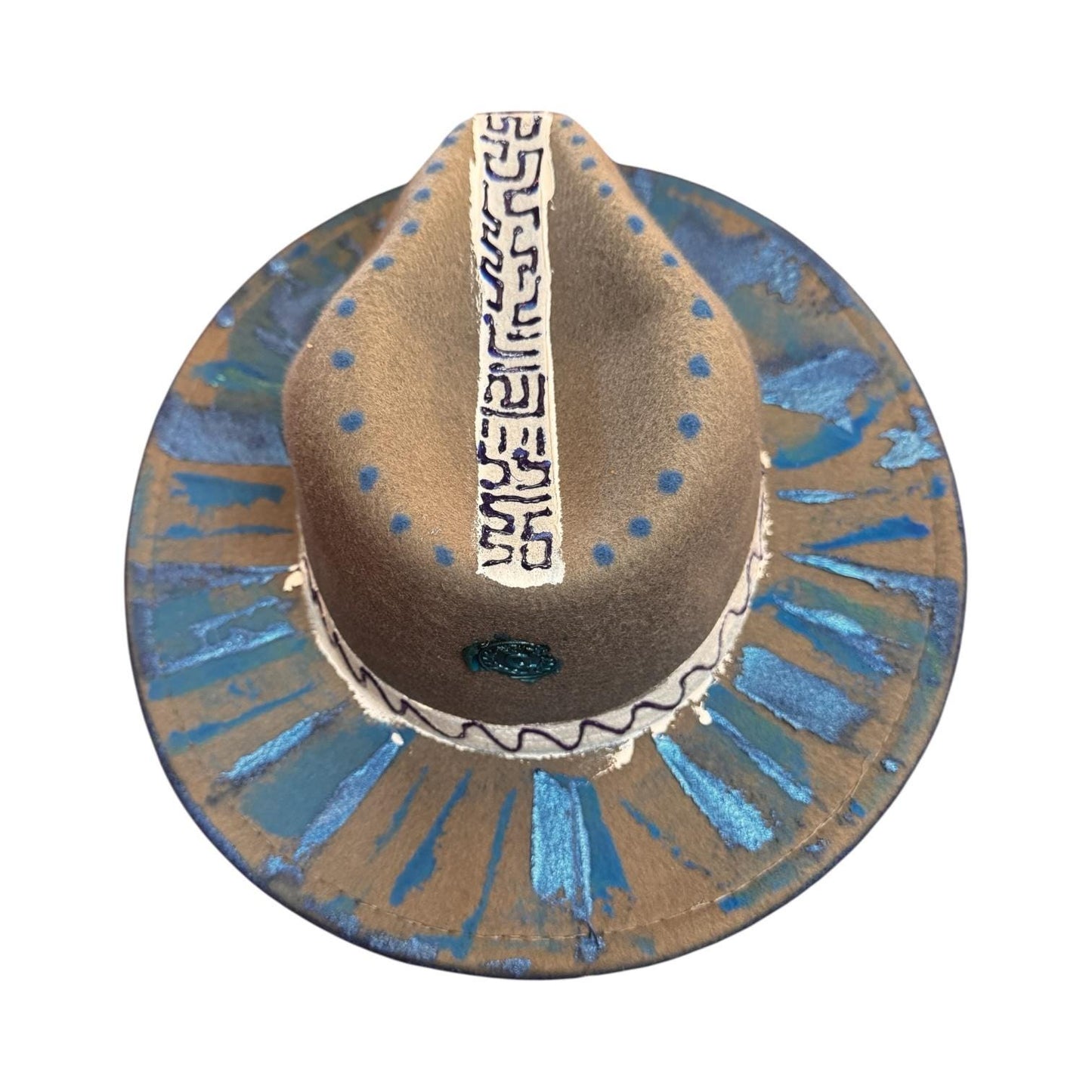 Abstract Grey Men's Hat: Tribal Stitching, Geometric Brim Artwork