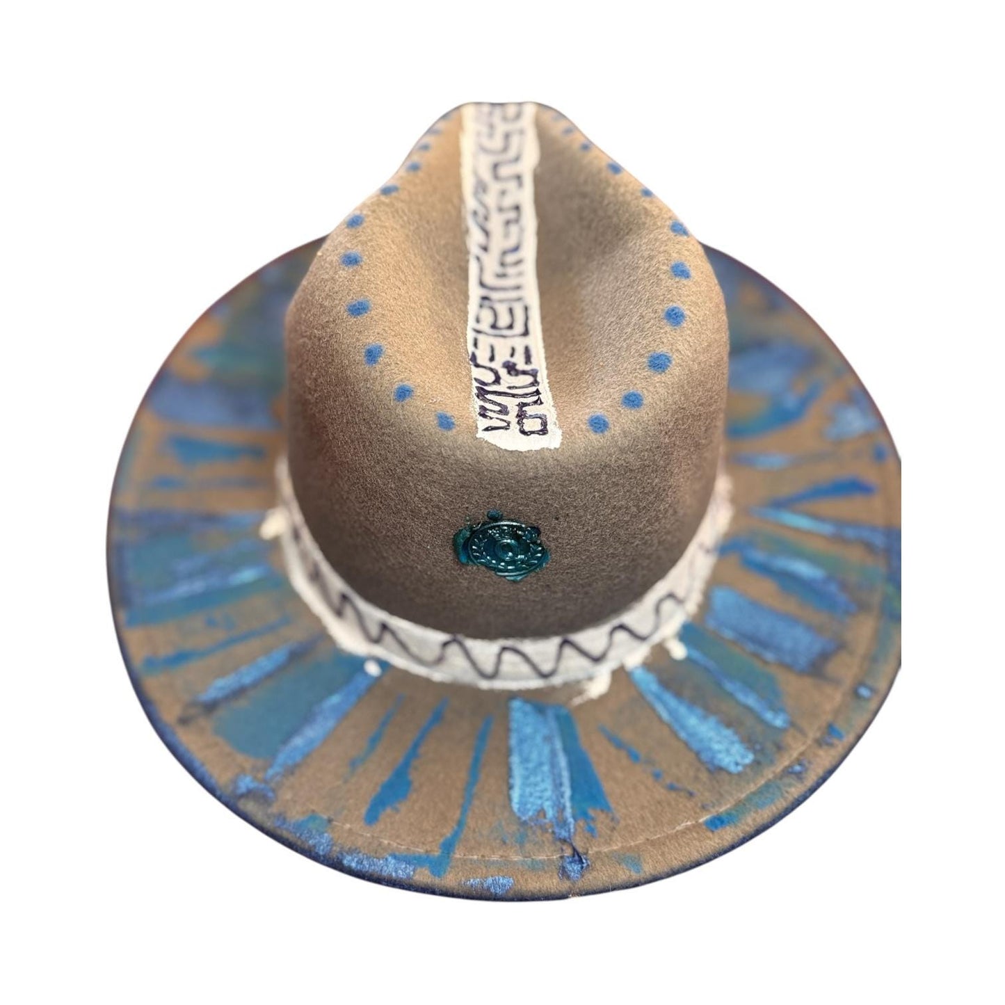 Abstract Grey Men's Hat: Tribal Stitching, Geometric Brim Artwork