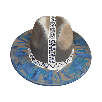 Abstract Grey Men's Hat: Tribal Stitching, Geometric Brim Artwork