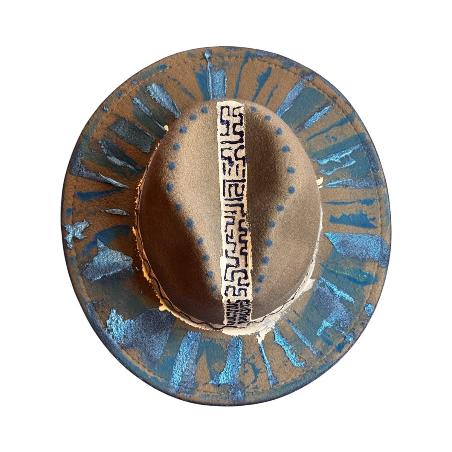 Abstract Grey Men's Hat: Tribal Stitching, Geometric Brim Artwork