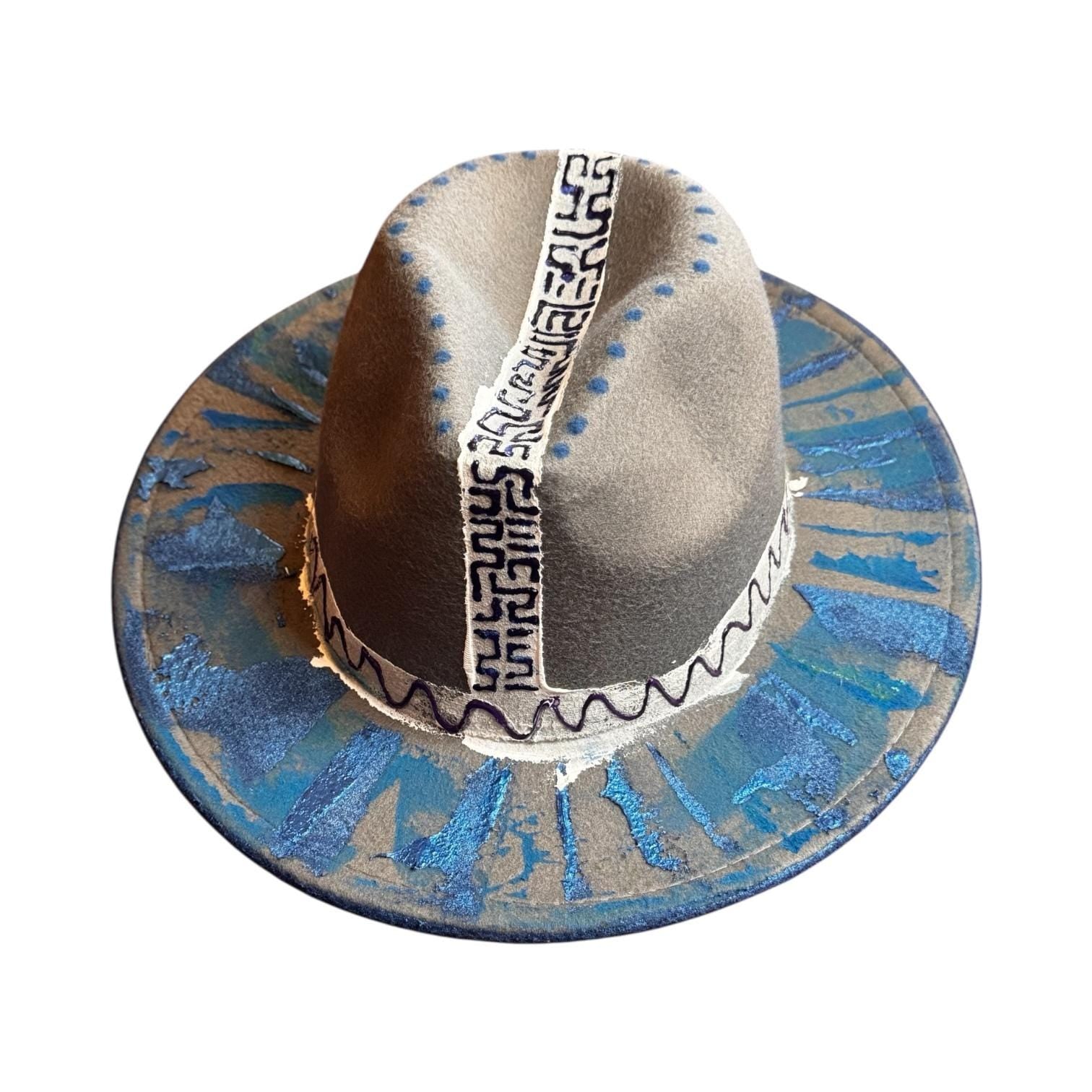 Abstract Grey Men's Hat: Tribal Stitching, Geometric Brim Artwork