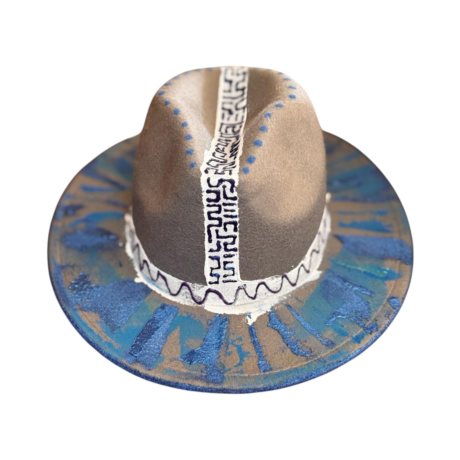 Abstract Grey Men's Hat: Tribal Stitching, Geometric Brim Artwork