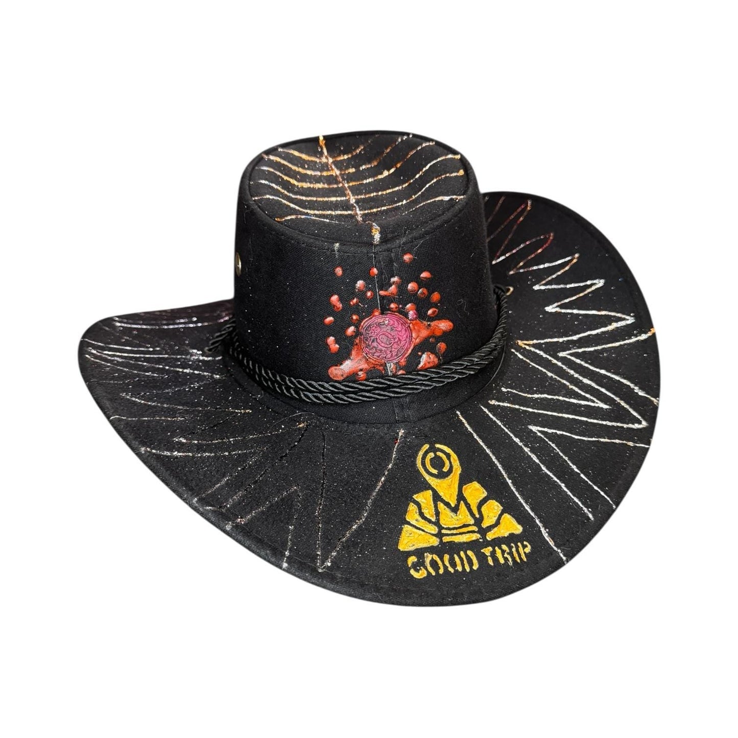 Hand-Painted Black Cowboy Hat: Glitter Spider Emblem, Festival Headwear