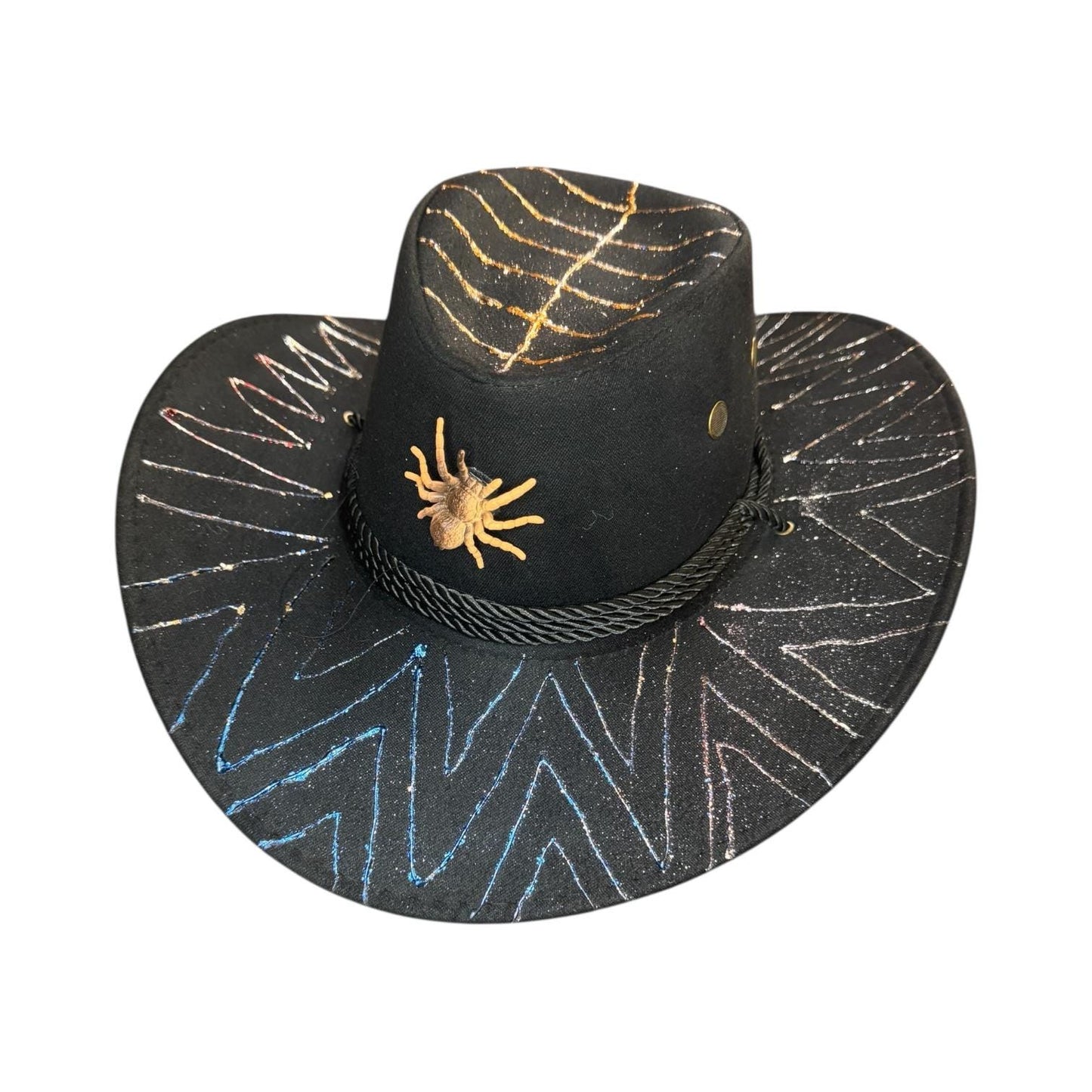 Hand-Painted Black Cowboy Hat: Glitter Spider Emblem, Festival Headwear