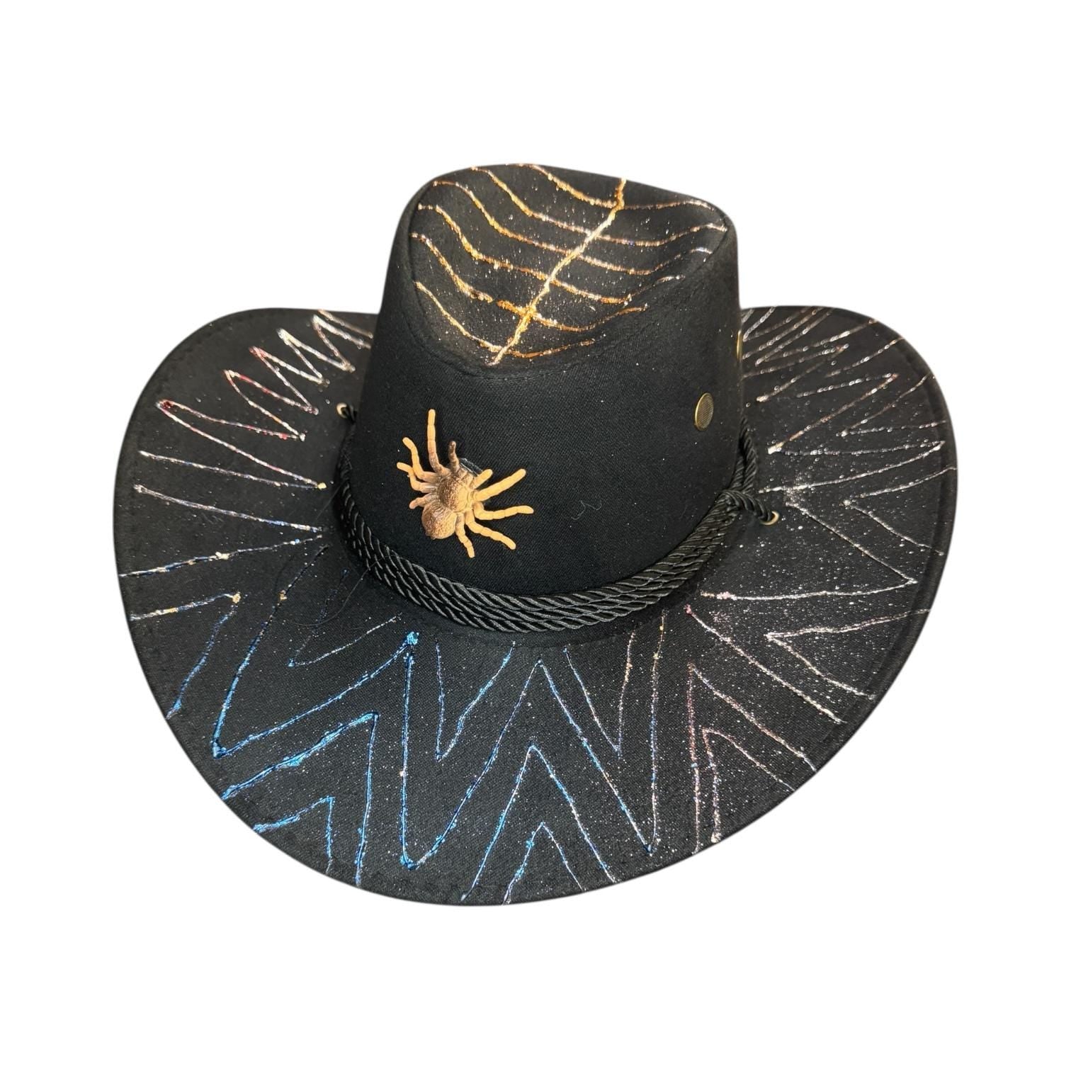Hand-Painted Black Cowboy Hat: Glitter Spider Emblem, Festival Headwear