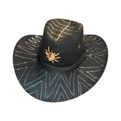 Hand-Painted Black Cowboy Hat: Glitter Spider Emblem, Festival Headwear