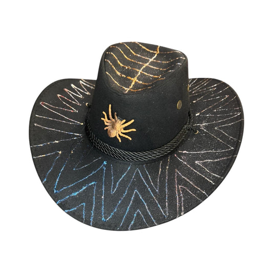Hand-Painted Black Cowboy Hat: Glitter Spider Emblem, Festival Headwear