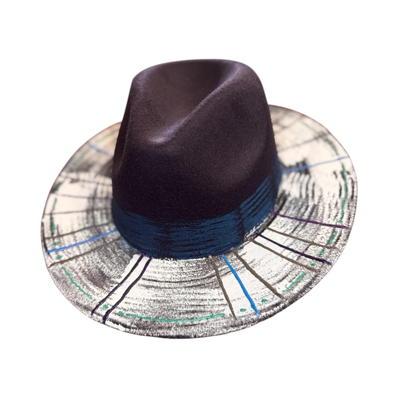 Hand-Painted Fedora Hat: Abstract Geometric Design, Dark Blue Wool