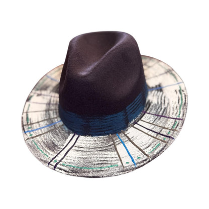 Hand-Painted Fedora Hat: Abstract Geometric Design, Dark Blue Wool