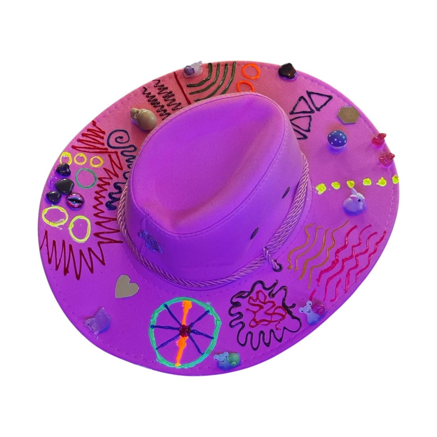 Hand-Painted Pink Cowboy Hat: Burning Man Festival Art, Glow-in-Dark