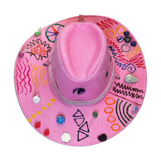 Hand-Painted Pink Cowboy Hat: Burning Man Festival Art, Glow-in-Dark
