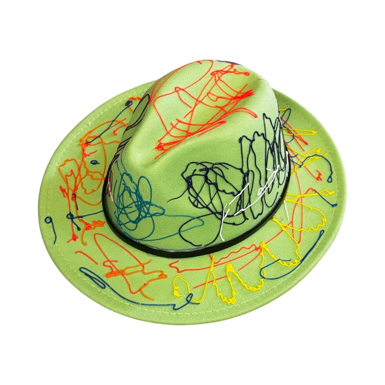Hand-Painted Lime Green Fedora: Abstract Splatter Art Hat