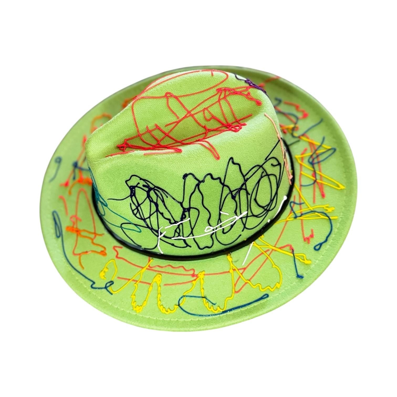 Hand-Painted Lime Green Fedora: Abstract Splatter Art Hat