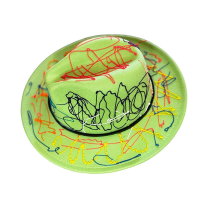 Hand-Painted Lime Green Fedora: Abstract Splatter Art Hat