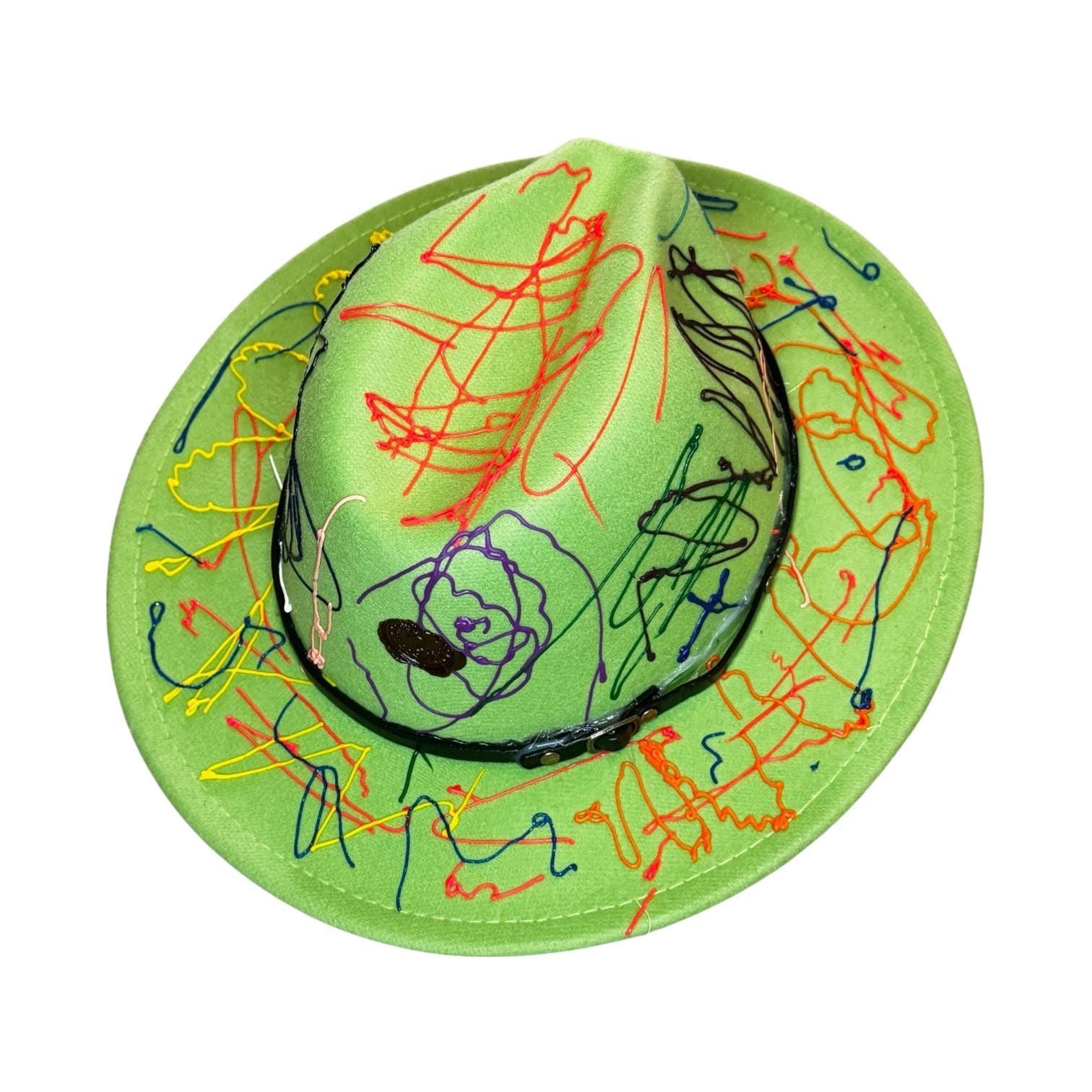 Hand-Painted Lime Green Fedora: Abstract Splatter Art Hat
