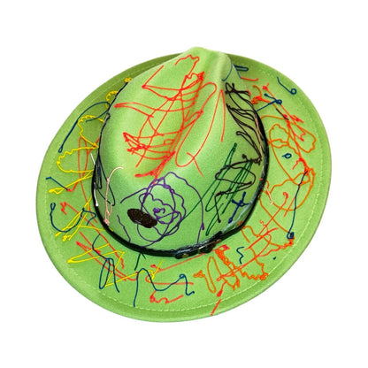 Hand-Painted Lime Green Fedora: Abstract Splatter Art Hat