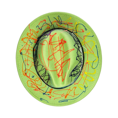 Hand-Painted Lime Green Fedora: Abstract Splatter Art Hat