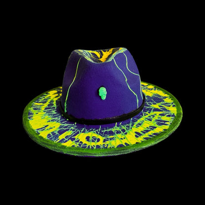 UV Reactive Skull Fedora: Neon Vortex Hand-Painted Burning Man Hat