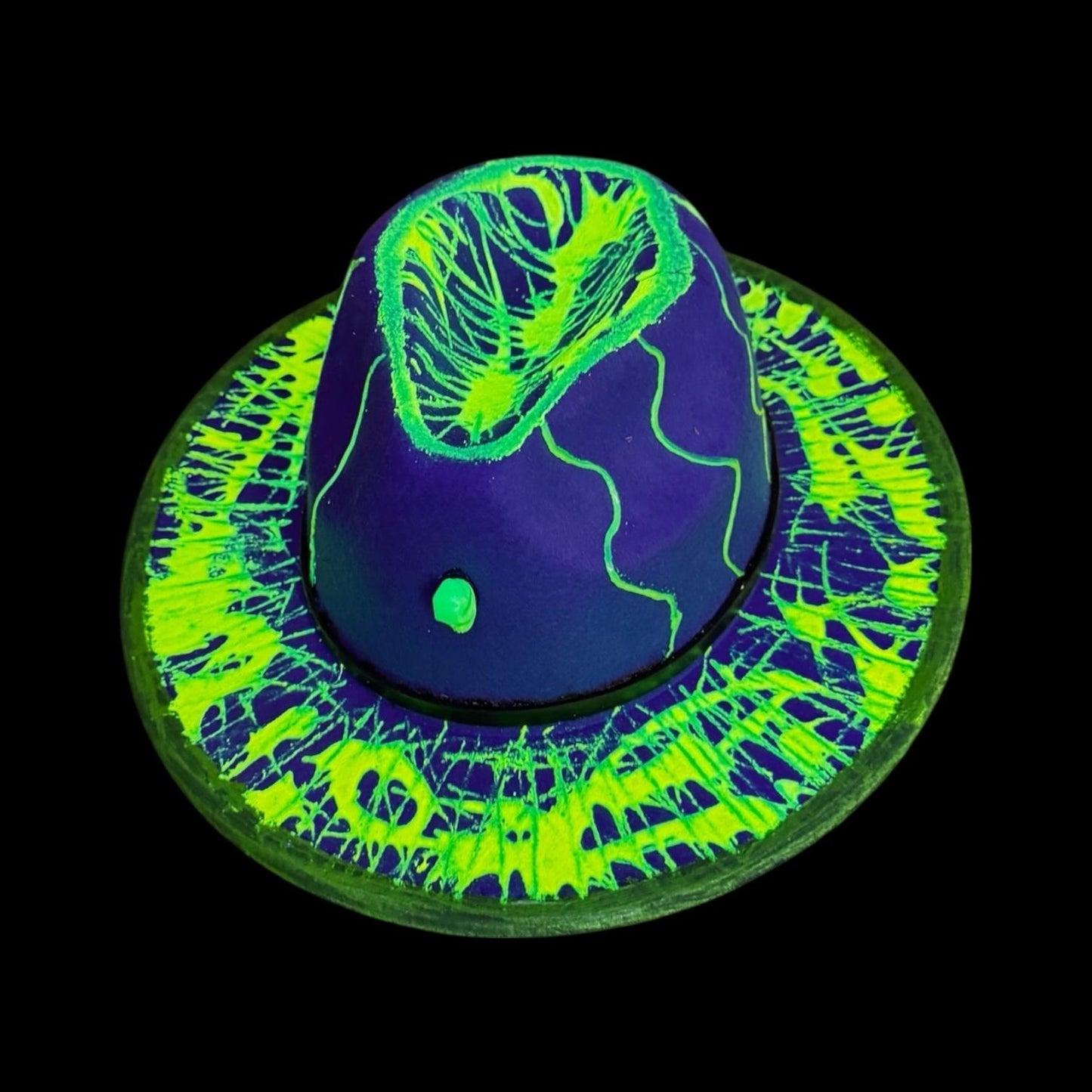 UV Reactive Skull Fedora: Neon Vortex Hand-Painted Burning Man Hat