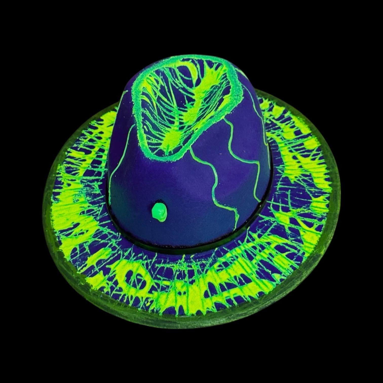 UV Reactive Skull Fedora: Neon Vortex Hand-Painted Burning Man Hat