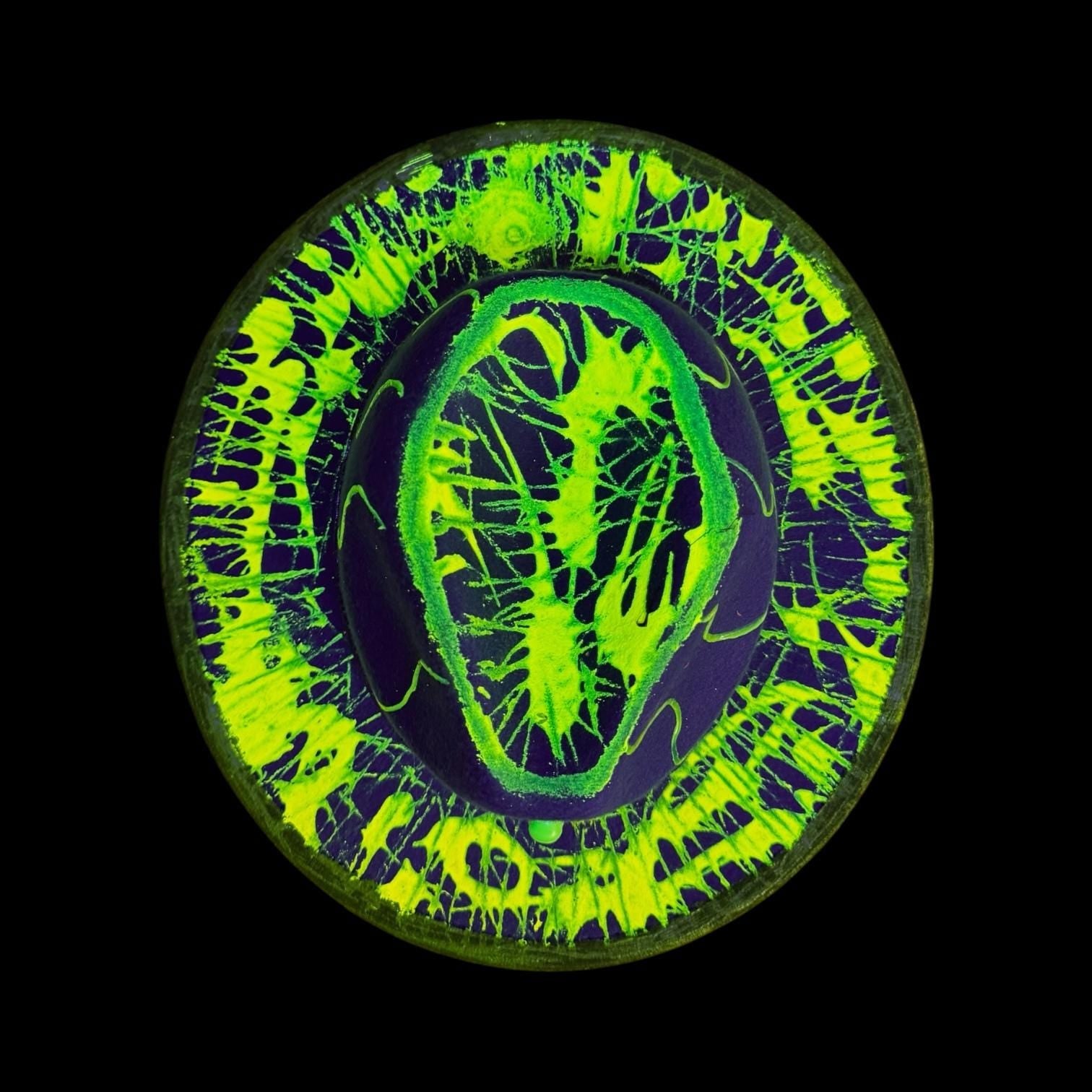 UV Reactive Skull Fedora: Neon Vortex Hand-Painted Burning Man Hat
