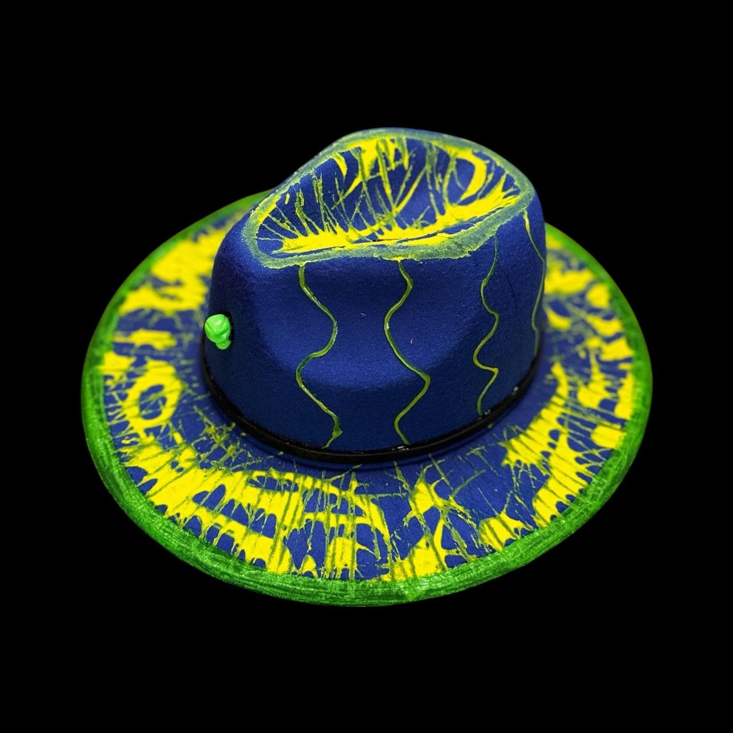 UV Reactive Skull Fedora: Neon Vortex Hand-Painted Burning Man Hat