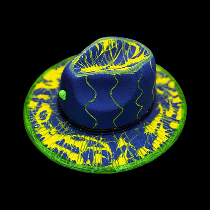 UV Reactive Skull Fedora: Neon Vortex Hand-Painted Burning Man Hat