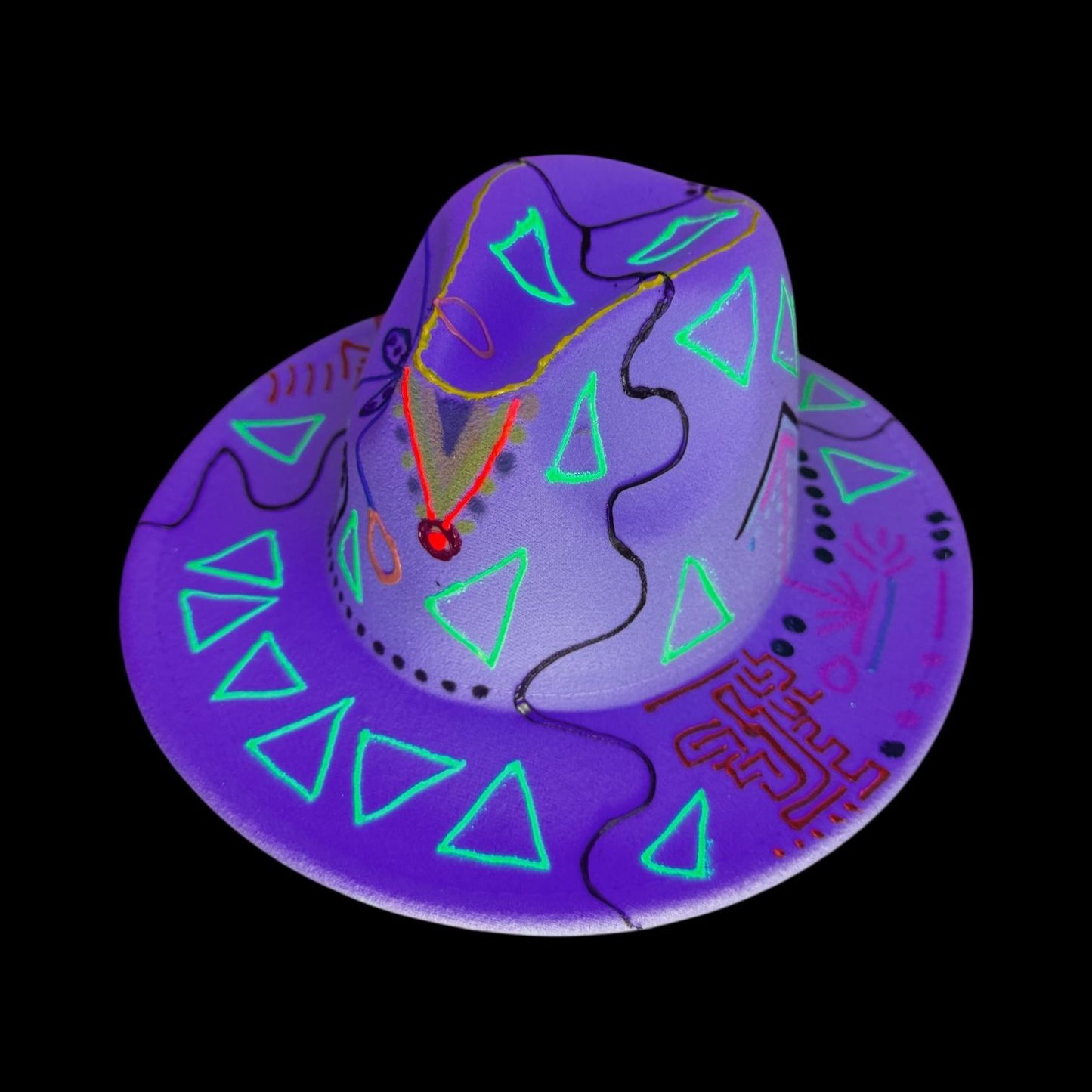UV Reactive Fedora Hat: Hand-Painted Galactic Glyphs, Burning Man Style