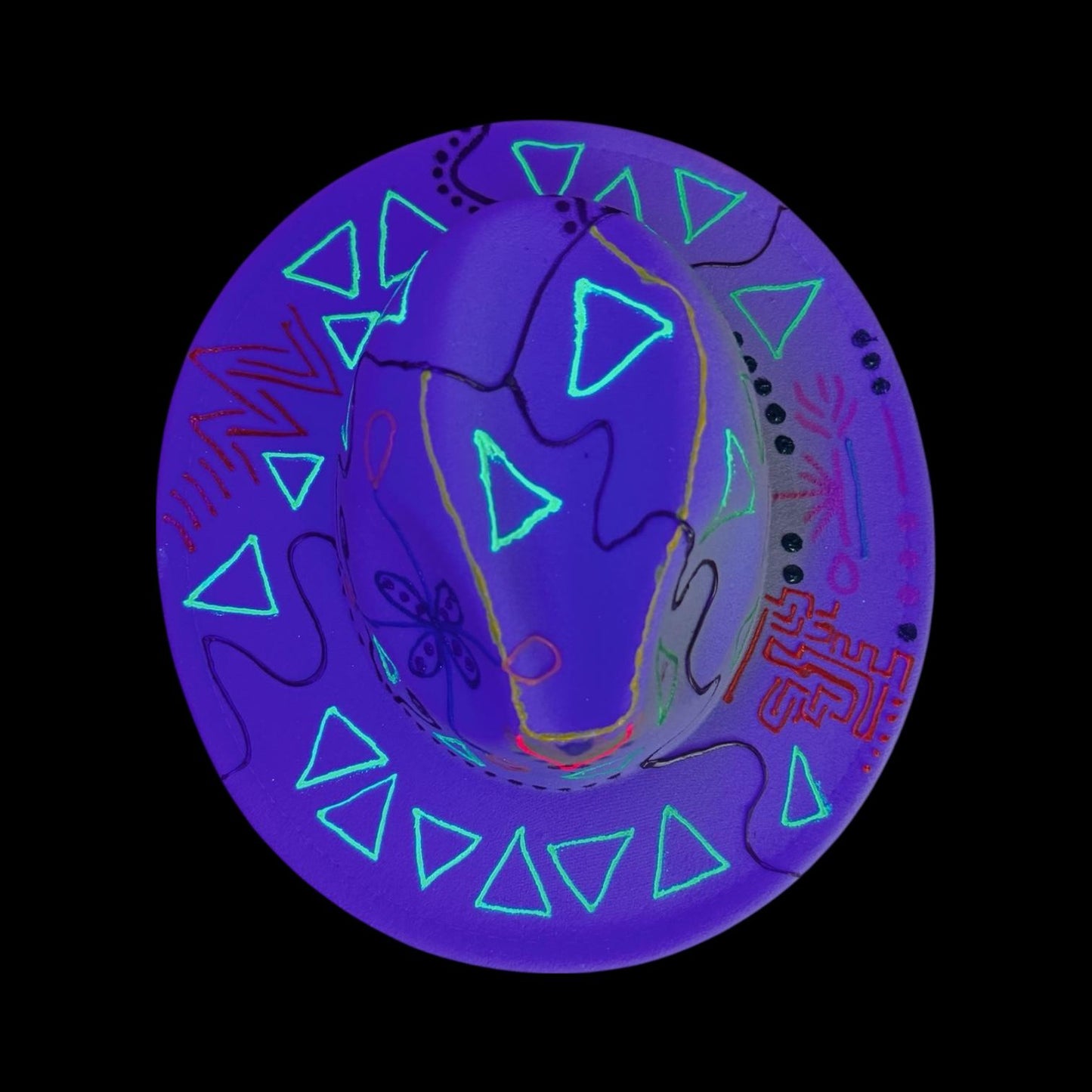 UV Reactive Fedora Hat: Hand-Painted Galactic Glyphs, Burning Man Style