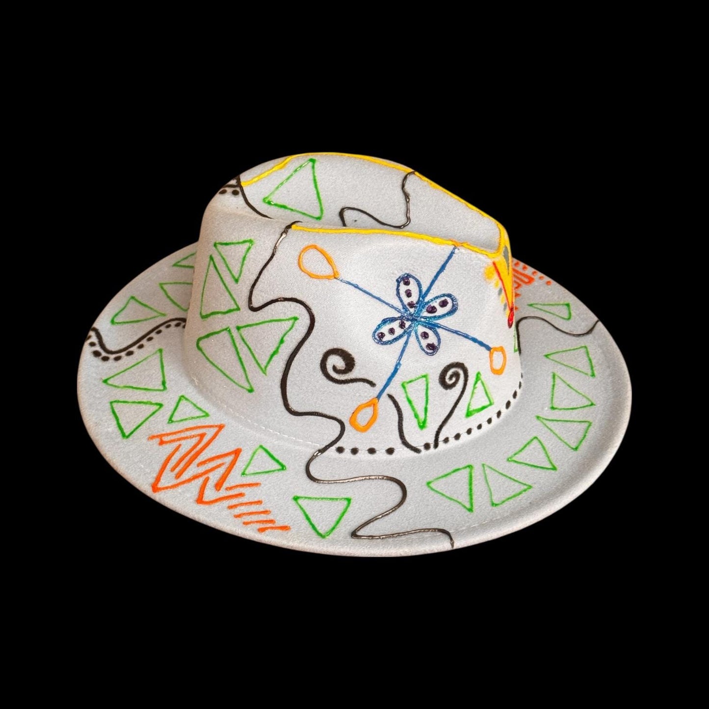 UV Reactive Fedora Hat: Hand-Painted Galactic Glyphs, Burning Man Style