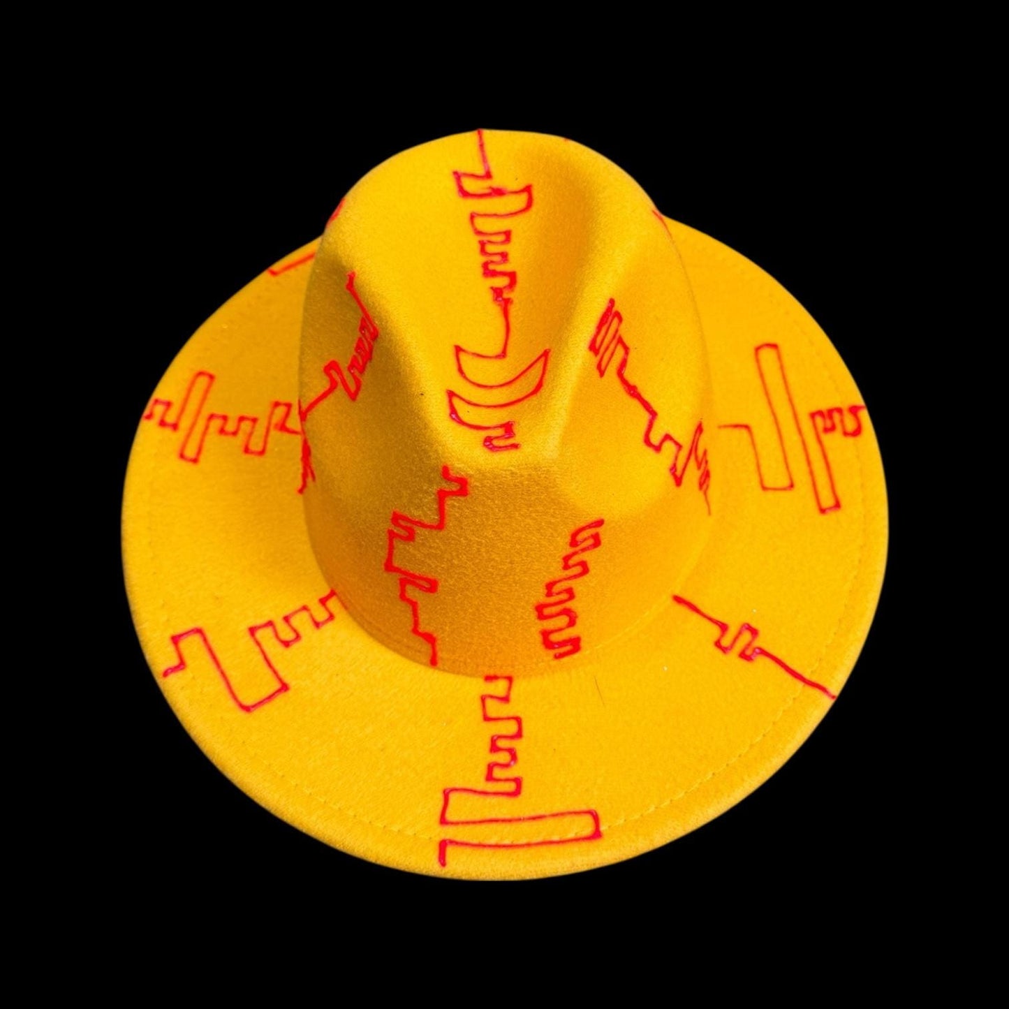 Neon Yellow Burning Man Hat: UV-Glow Red Glyphs, Size 57
