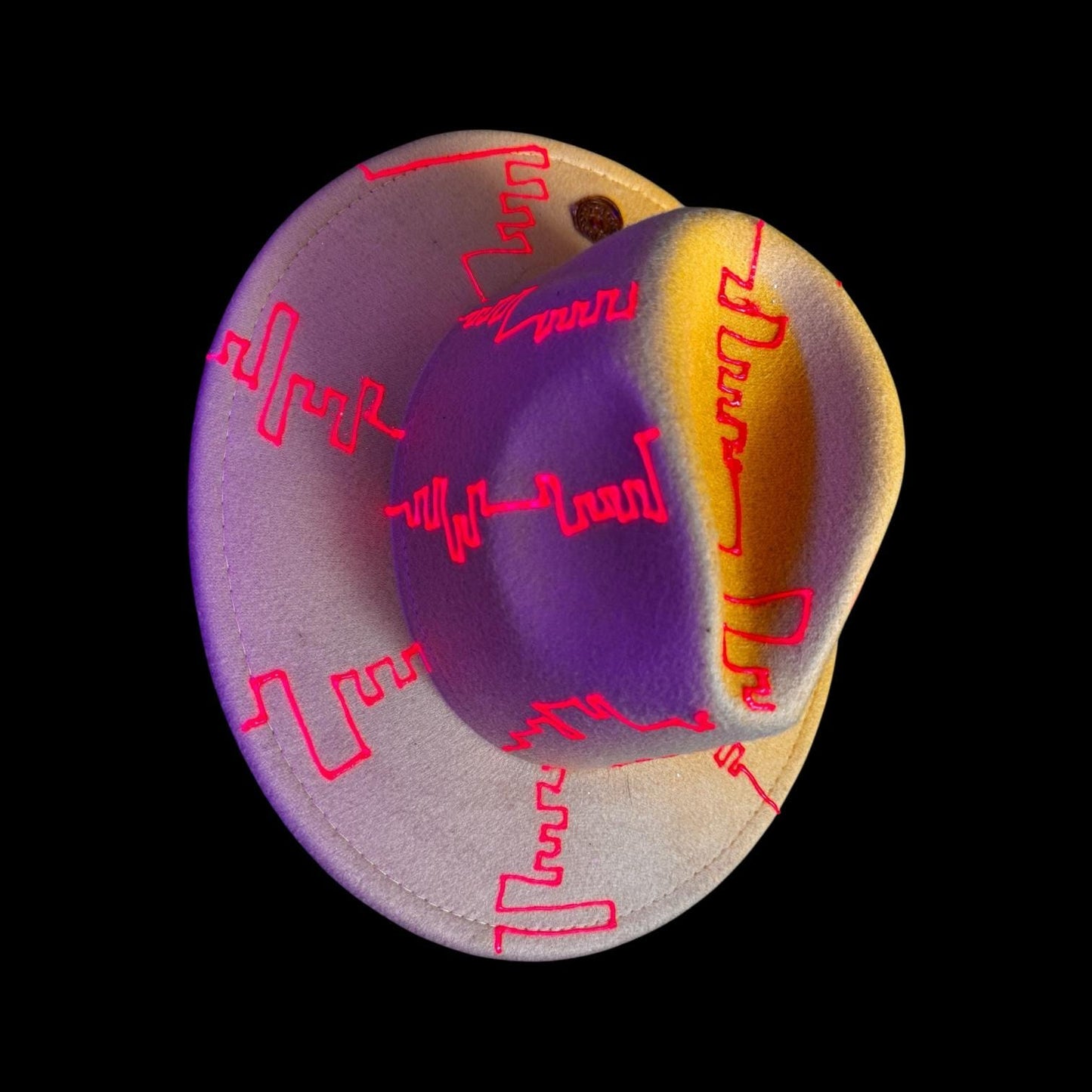 Neon Yellow Burning Man Hat: UV-Glow Red Glyphs, Size 57