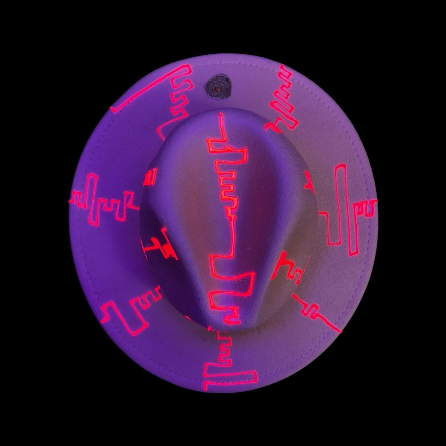 Neon Yellow Burning Man Hat: UV-Glow Red Glyphs, Size 57