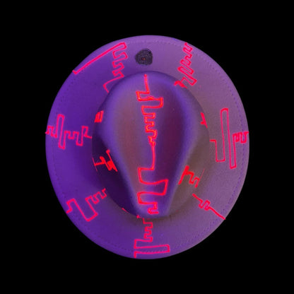 Neon Yellow Burning Man Hat: UV-Glow Red Glyphs, Size 57