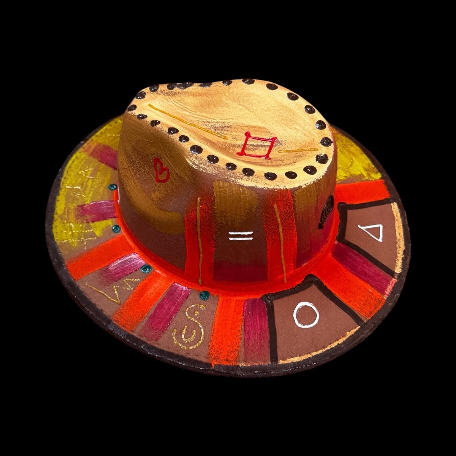 Burning Man Hat: Hand-Painted Cosmic Wheel with Sacred Symbols & UV Glow