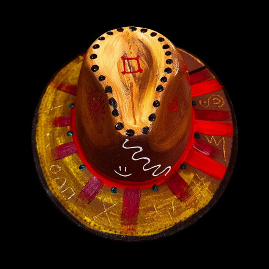 Burning Man Hat: Hand-Painted Cosmic Wheel with Sacred Symbols & UV Glow