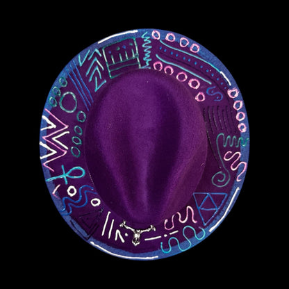 Burning Man Hat: Hand-Painted UV Neon Glyphs, Silver Skull